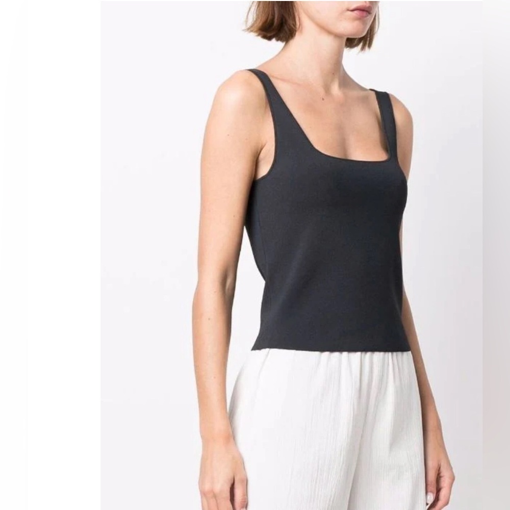 VINCE Black Ribbed Square-Neck Tank Top